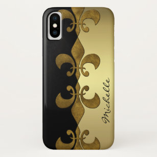 Elegant Fleur-de-lis black golden custom monogram Case-Mate iPhone Case