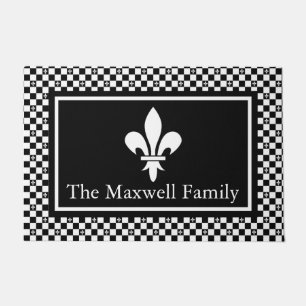 Elegant Fleur de Lis Black & White Chequered Name Doormat