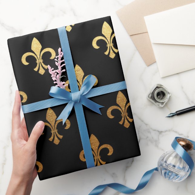 elegant Fleur De Lis pattern black gold party wrap Wrapping Paper (Gifting)