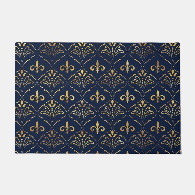 Elegant Fleur-de-lis pattern - Gold and deep blue Doormat (Front)