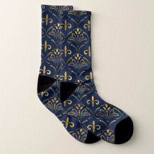 Elegant Fleur-de-lis pattern - Gold and deep blue Socks