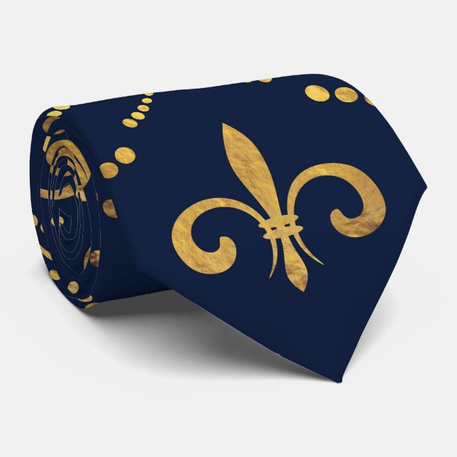 Elegant Fleur-de-lis pattern - Gold and deep blue Tie (Rolled)