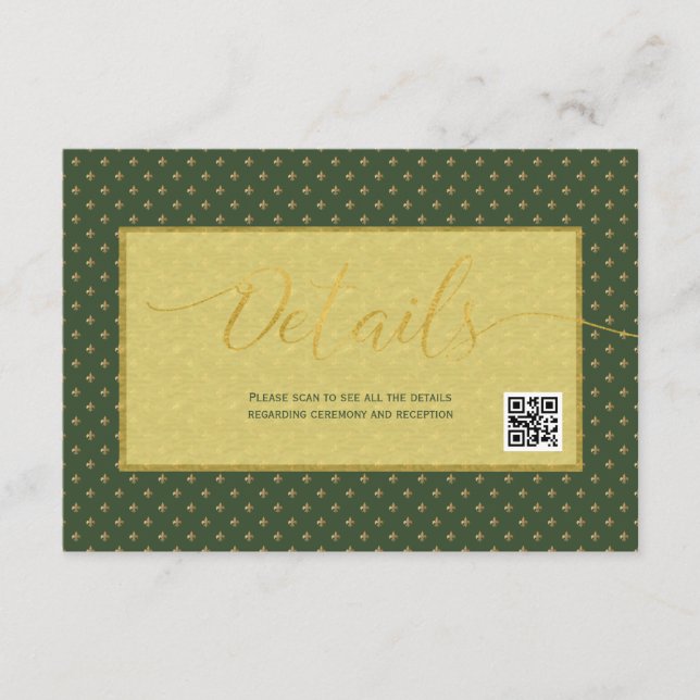 Elegant fleur de lis wedding guest details QR code Enclosure Card (Front)