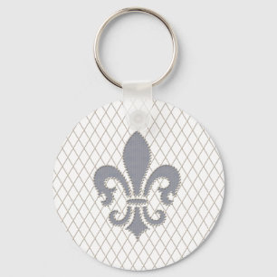 Elegant Fleur de Lys in Grey and White Key Ring