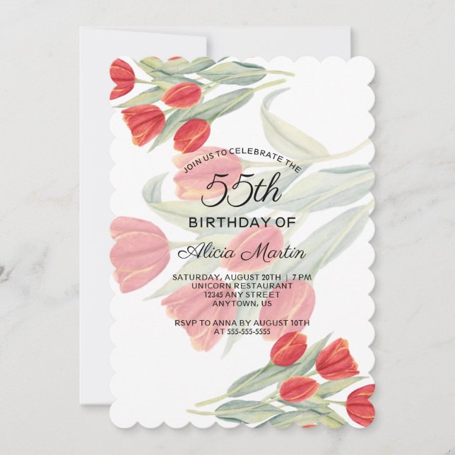  Elegant Flora Spring Red Tulip 55th Birthday Invitation (Front)