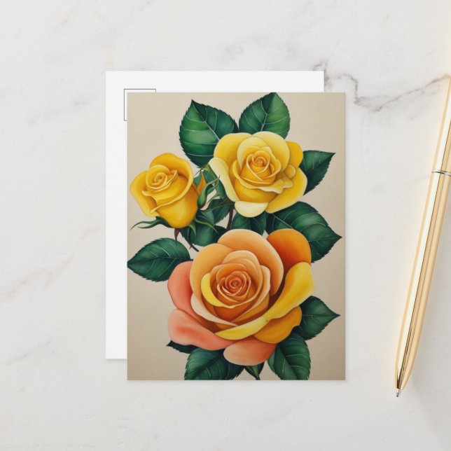 Elegant Flora Watercolor Yellow Roses  Postcard (Front/Back In Situ)