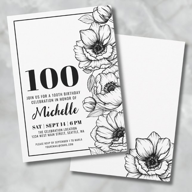 Elegant Floral 100th Birthday Invitation (Elegant Floral 100th Birthday Invitation)