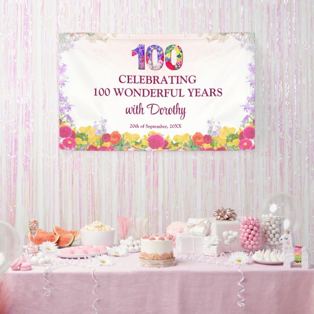 Elegant Floral 100th Birthday Party / 100 Years Banner (Party)