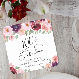 Elegant Floral 100th Birthday Party Square Paper Coaster