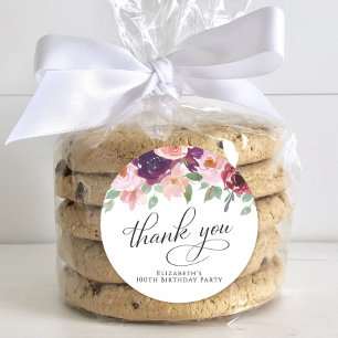 Elegant Floral 100th Birthday Party Thank You Classic Round Sticker