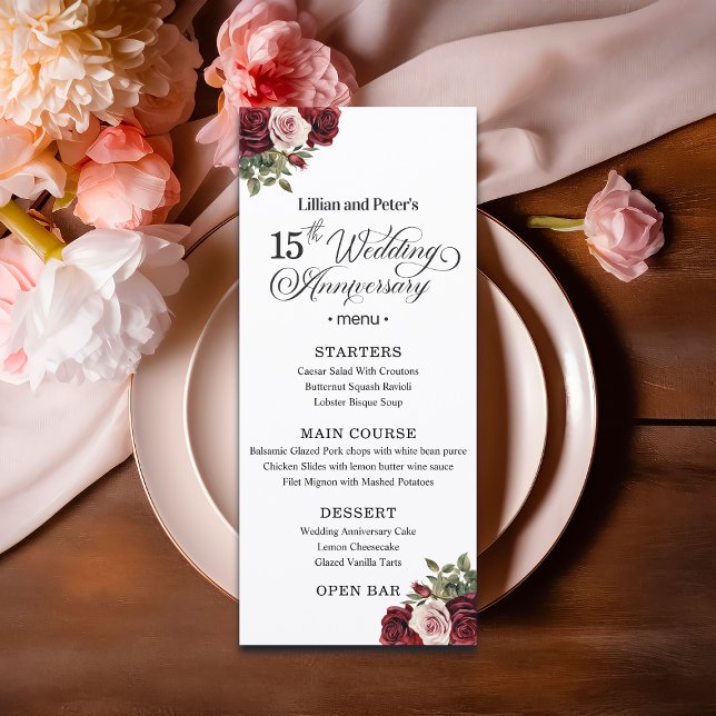 Elegant Floral 15th Wedding Anniversary Menu (Creator Uploaded)