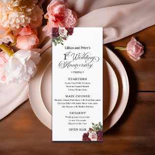 Elegant Floral 1st Wedding Anniversary Menu