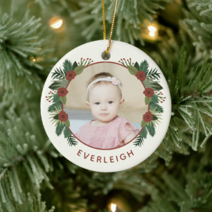 Elegant Floral 2 Photo Baby's 1st Christmas   Ceramic Ornament