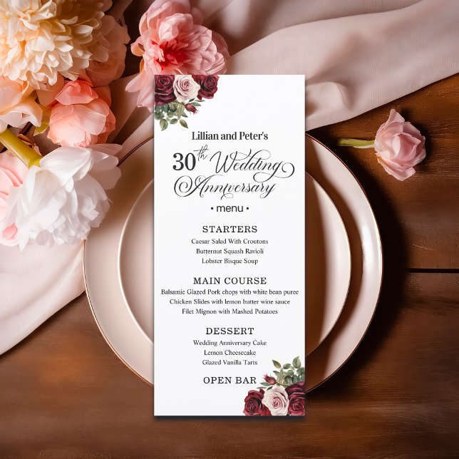 Elegant Floral 30th Wedding Anniversary Menu (Creator Uploaded)