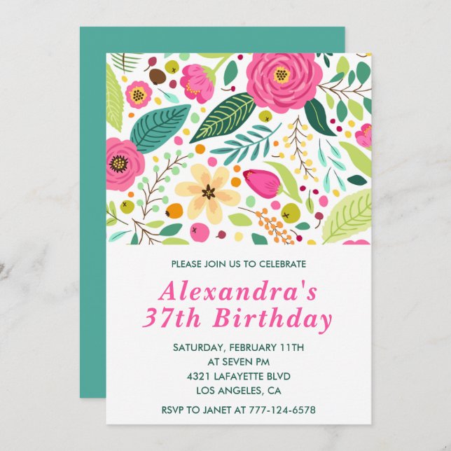 Elegant Floral 37th birthday invitations Colourful (Front/Back)