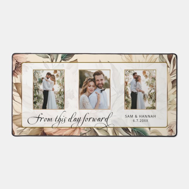 Elegant Floral 3-Photo w/Wedding Script Desk Mat (Front)