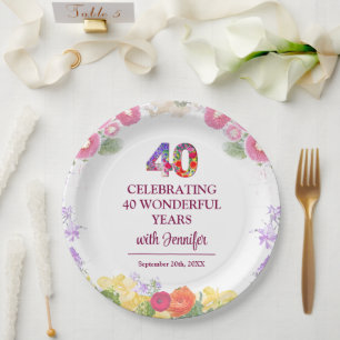 Elegant Floral 40th Birthday Party / 40 Years Paper Plate