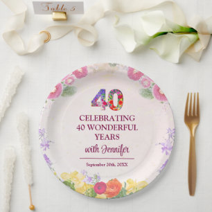 Elegant Floral 40th Birthday Party / Pastel 40 Paper Plate