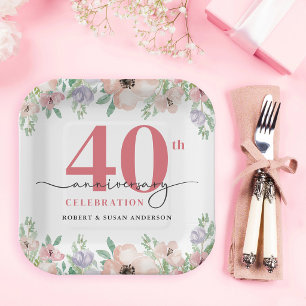 Elegant Floral 40th Wedding Anniversary Paper Plate