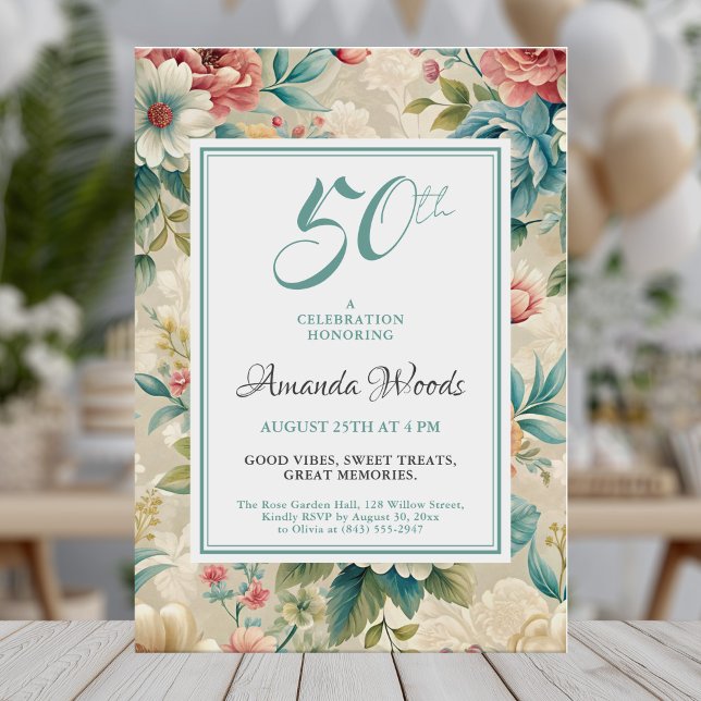 Elegant floral 50th birthday celebration invitation (Creator Uploaded)