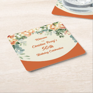 Elegant Floral 50th Birthday Papare Plates Square Paper Coaster