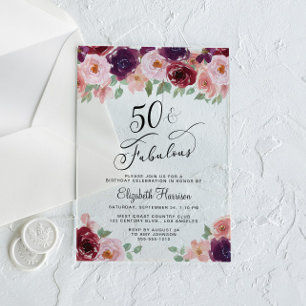 Elegant Floral 50th Birthday Party Acrylic Invitations