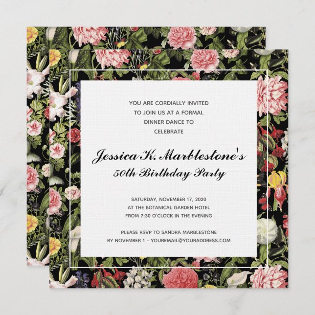 Elegant Floral 50th Birthday Party Invitations (Front/Back)
