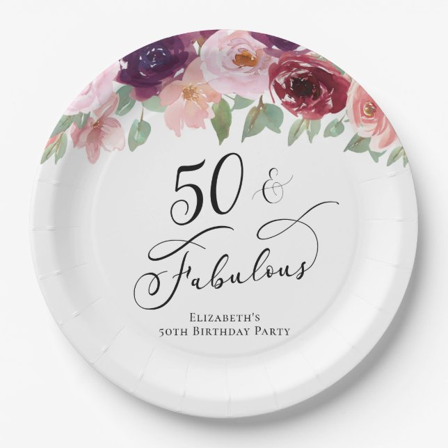 Elegant Floral 50th Birthday Party Paper Plate (Front)