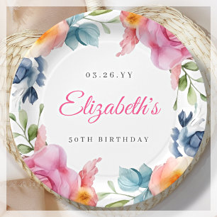 Elegant Floral 50th Birthday Party Paper Plate
