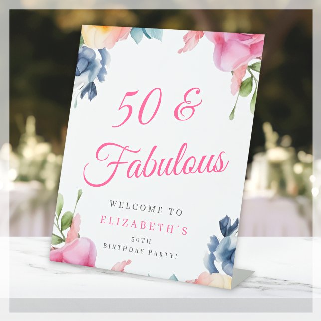 Elegant Floral 50th Birthday Party Welcome Pedestal Sign (Creator Uploaded)