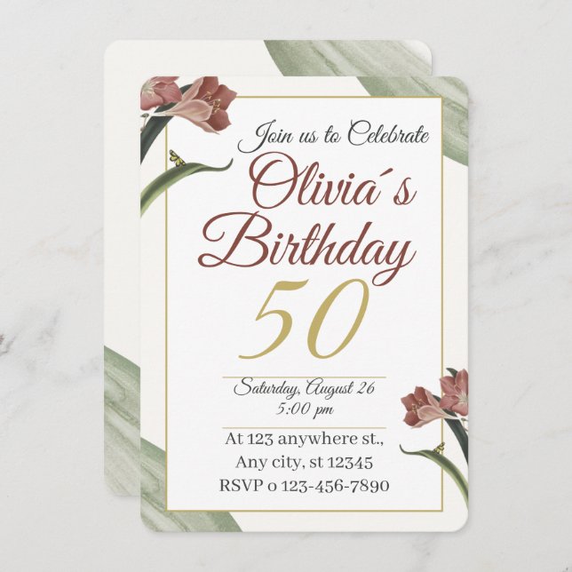 Elegant Floral 50th – Gold and Blush Flower Invitation (Front/Back)