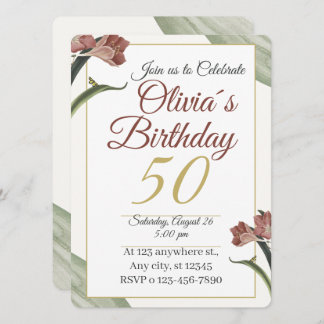 Elegant Floral 50th – Gold and Blush Flower Invitation