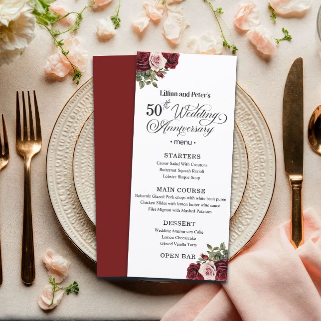 Elegant Floral 50th Wedding Anniversary Menu (Creator Uploaded)