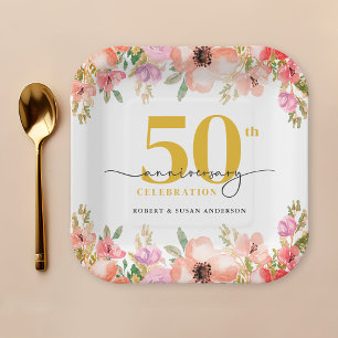 Elegant Floral 50th Wedding Anniversary Paper Plate