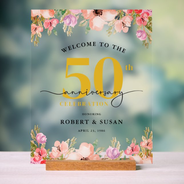Elegant Floral 50th Wedding Anniversary Welcome Acrylic Sign (Neutral)
