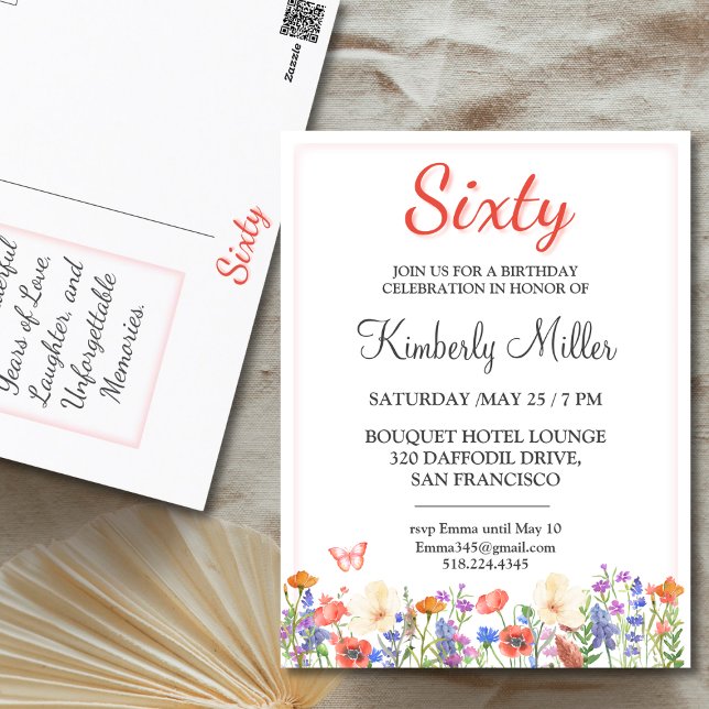 Elegant floral 60th birthday card flower 60 invite (Creator Uploaded)