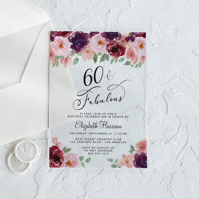 Elegant Floral 60th Birthday Party Acrylic Invitations (Creator Uploaded)