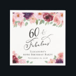 Elegant Floral 60th Birthday Party Napkin<br><div class="desc">Elegant napkins for her 60th birthday party that feature "60 & Fabulous" in a stylish script and watercolor bouquets of burgundy red,  blush pink and purple florals with light sage greenery. Personalise with her name and the party date.</div>