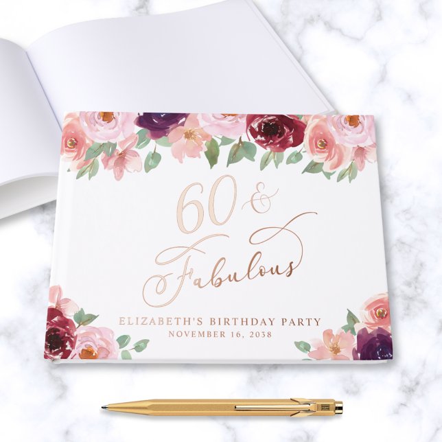 Elegant Floral 60th Birthday Party Rose Gold Guest Book (Creator Uploaded)