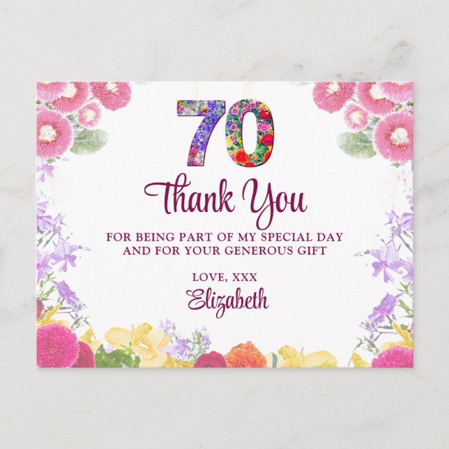 Elegant Floral 70th Birthday Party / 70 Thank You Postcard (Front)