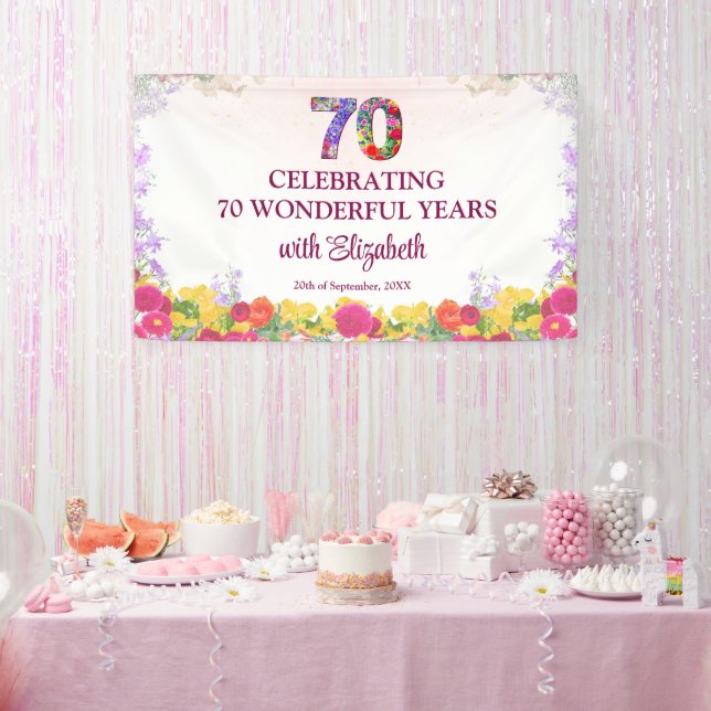 Elegant Floral 70th Birthday Party / 70 Years Banner (Party)