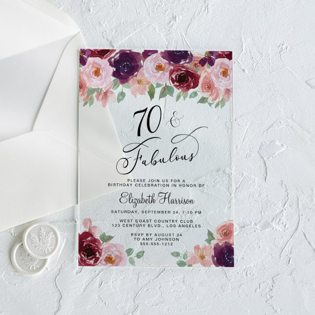 Elegant Floral 70th Birthday Party Acrylic Invitations (Creator Uploaded)