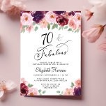 Elegant Floral 70th Birthday Party Invitation<br><div class="desc">Elegant 70th birthday party invitation featuring "70 & Fabulous" in a stylish script and watercolor bouquets of burgundy red,  blush pink and purple florals with light sage greenery.</div>