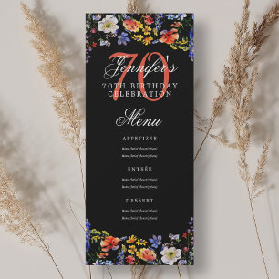 Elegant Floral 70th Birthday Party Menu Black Invitation