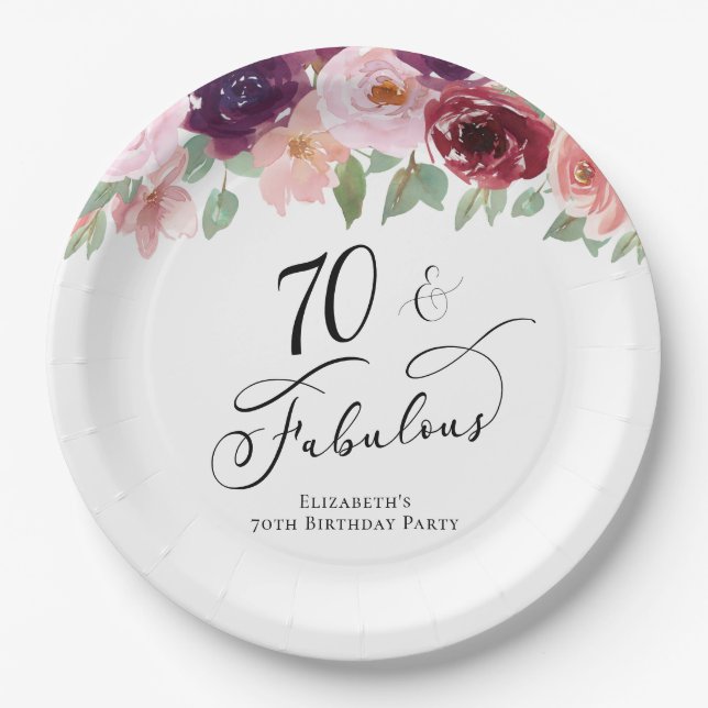 Elegant Floral 70th Birthday Party Paper Plate (Front)