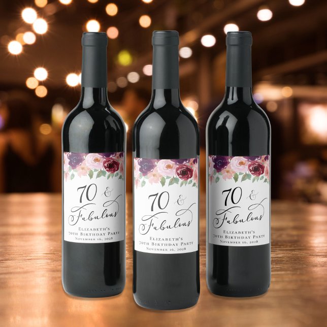 Elegant Floral 70th Birthday Party Wine Label (Creator Uploaded)
