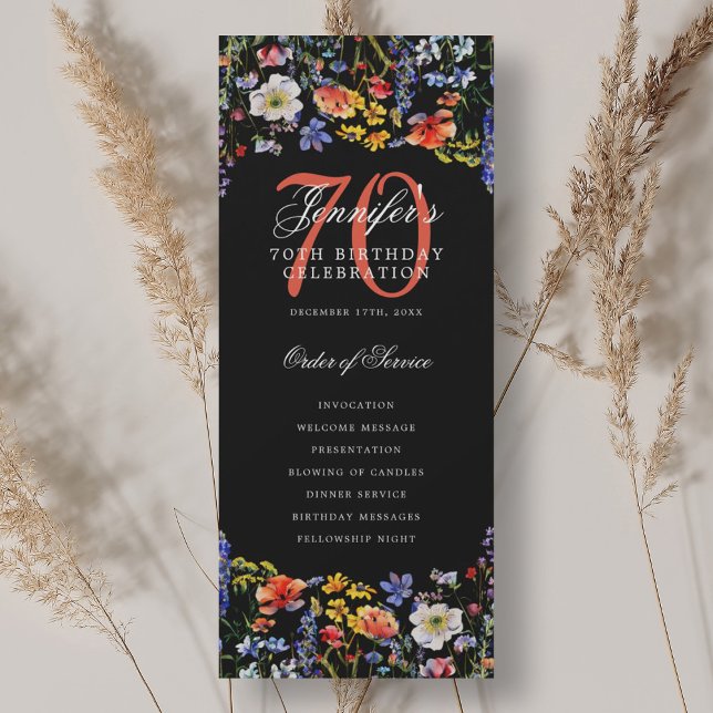 Elegant Floral 70th Birthday Program Black (Elegant Floral 70th Birthday Program Black)