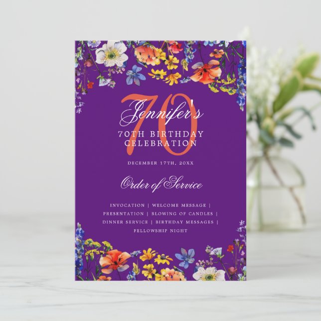 Elegant Floral 70th Birthday Program Menu Purple  (Standing Front)