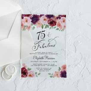 Elegant Floral 75th Birthday Party Acrylic Invitations