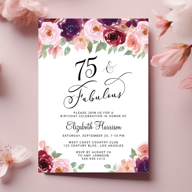 Elegant Floral 75th Birthday Party Invitation (Creator Uploaded)